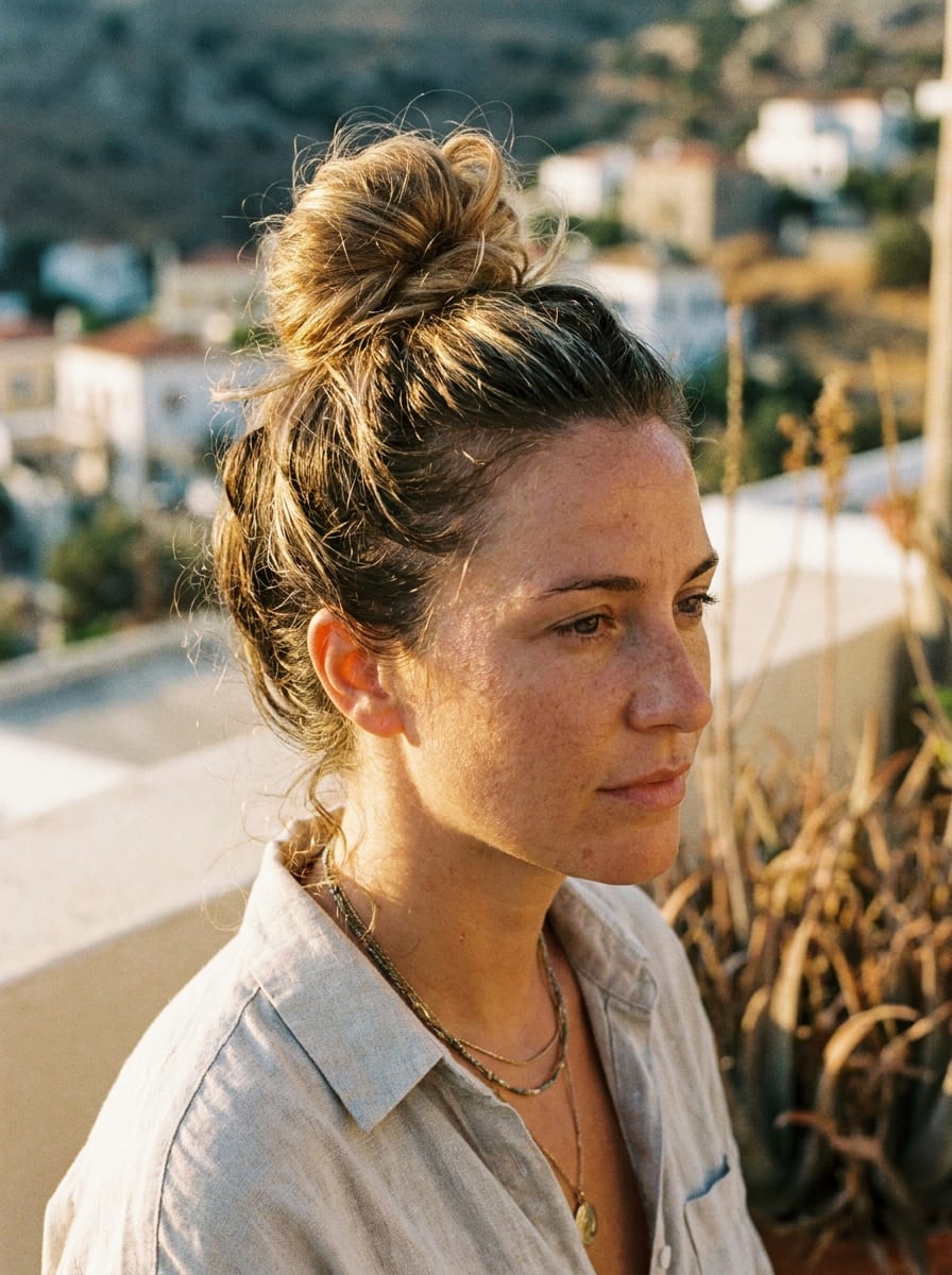 Hoher Messy Bun für heiße Tage - einfache Urlaubsfrisur
